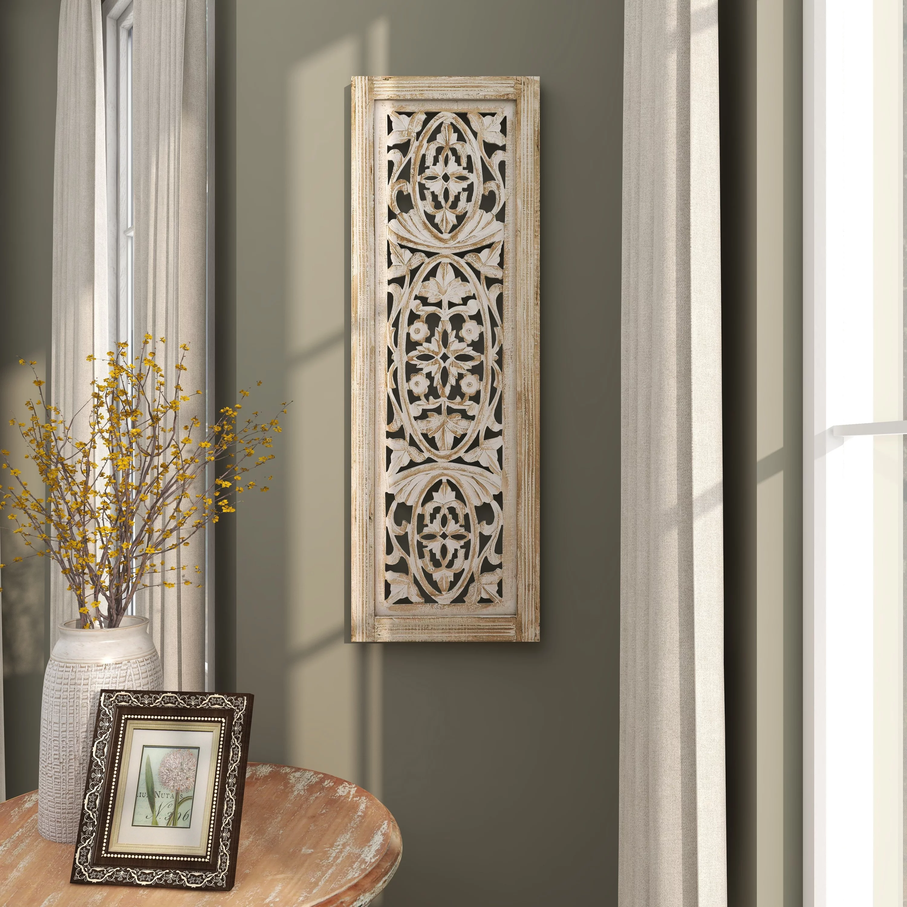 DecMode Neutral Cream/Distressed Wood Traditional Mango Carved Wood Leaves Wall Decor, 12"L x 36"H, 1-Piece