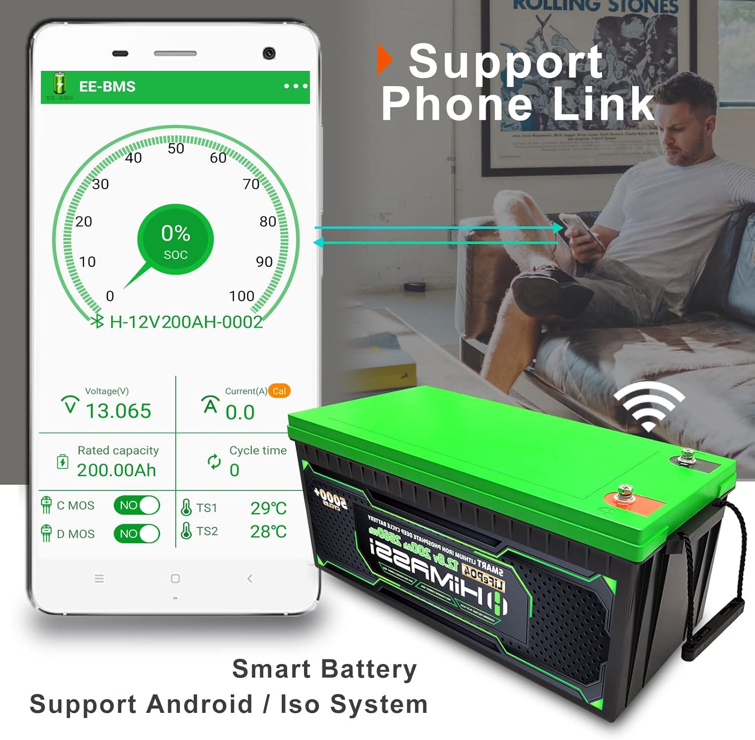 LiFePO4 Battery, 12V 400Ah Lithium Battery, Built-in 250A BMS, Lithium Ion Battery for Trolling Motor, Solar, Marine, RV Car, Camper, Home Storage, Off-Grid System