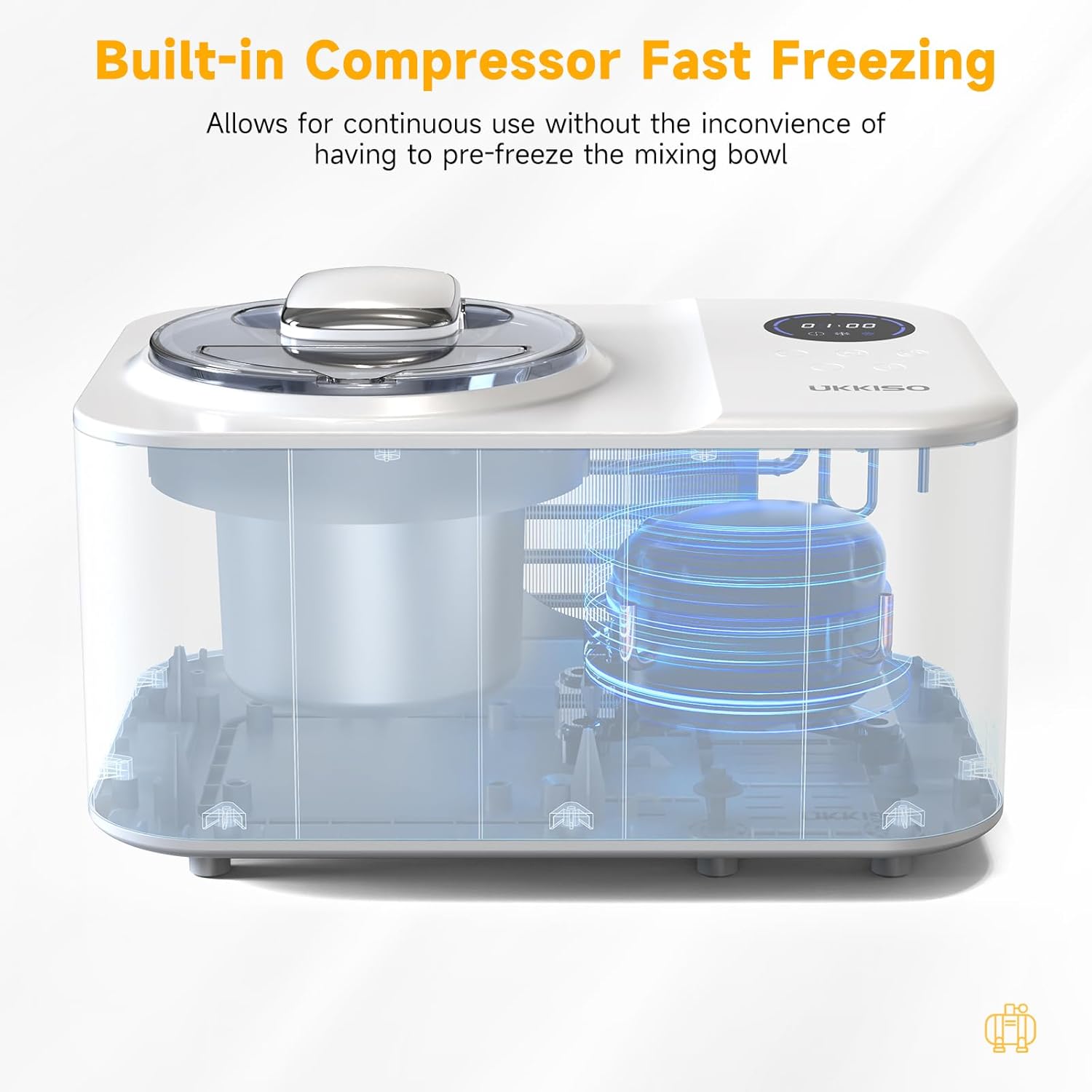 Ice Cream Maker for Home: 1.2L Automatic Ice Cream Maker Machine with LCD Display, Stainless Steel Homemade Ice Cream Maker Machine with Compressor for Kids, Home, Holiday
