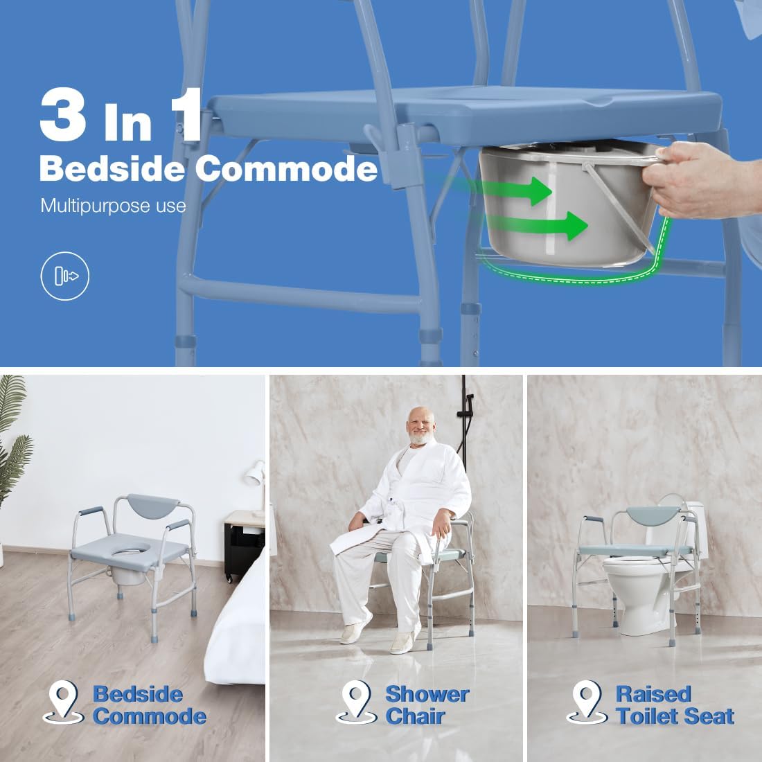 GreenChief 3 in 1 Bariatric Commode 700 LBS, Drop Arm Bedside Commode Chair, Potty Chair with Extra Wide Seat, Raised Toilet Seat with Handles, Bathroom & Bedroom Toilet Commode for Handicap, Elderly