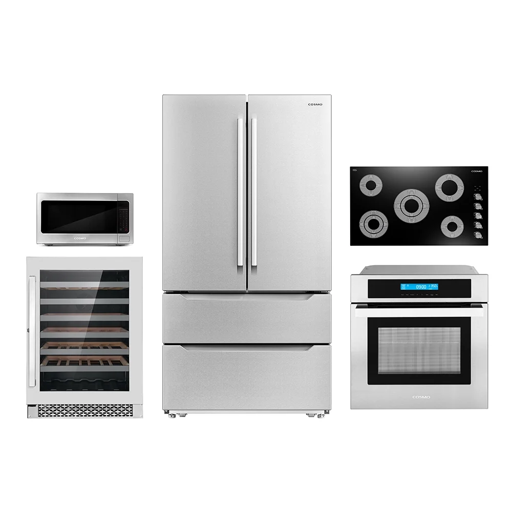 Cosmo 5 Piece Kitchen Appliance Package With 36" Electric Cooktop 30" Single Electric Wall Oven 24.4" Countertop Microwave French Door Refrigerator & 24" Built-in Fully Integrated Dishwasher