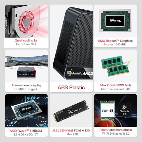 Beelink SER5 Pro Mini PC, AMD Ryzen 7 5800H(7nm, 8C/16T) up to 4.4GHz, Mini Computer 32GB DDR4 RAM 1TB NVME SSD, Micro PC 4K@60Hz Triple Display, Mini Gaming Computer WiFi6/BT5.2/54W/HTPC/W-11 Pro