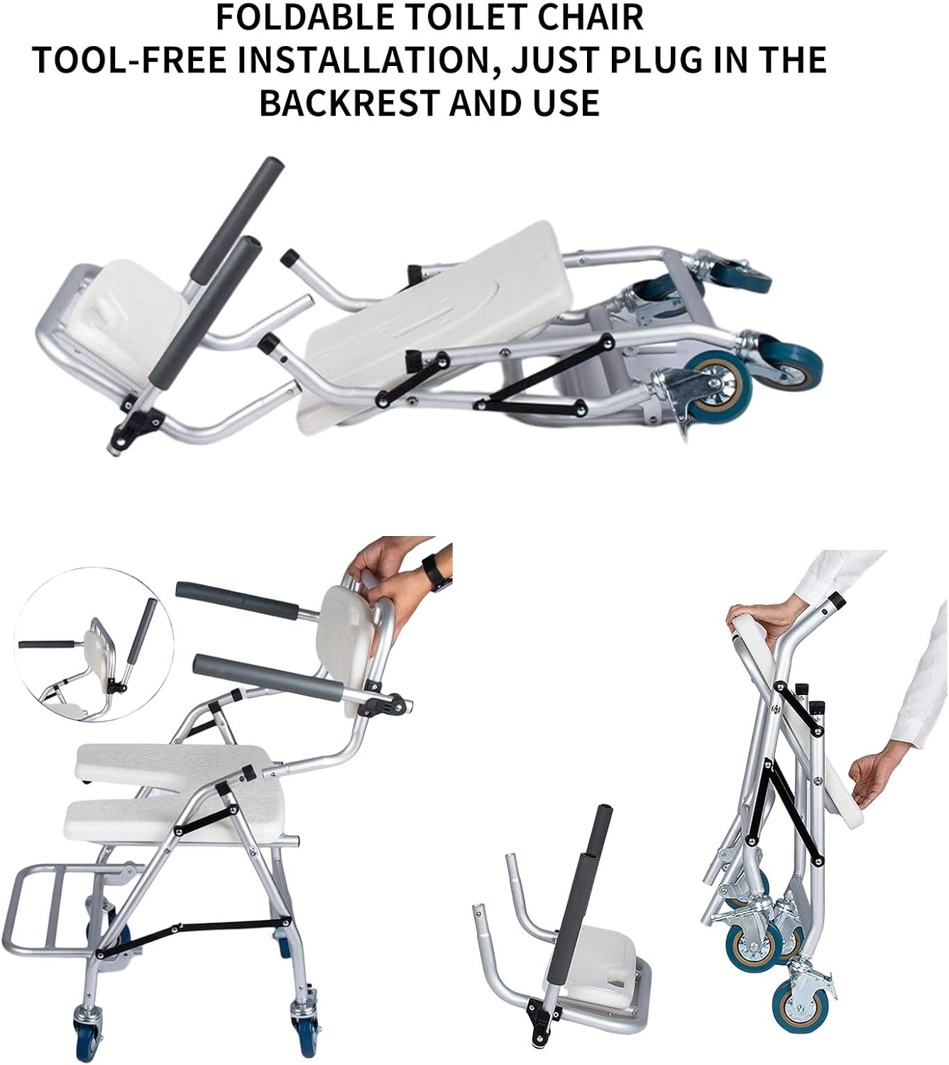 KOHARA Toilet Chair Mobile Shower Chair Elderly Household Bath Chair Toilet Stool 4-Wheel Brake Height Adjustable Wheelchair Bedside Commode Toilet Chair with Back Toilet Chair
