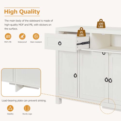 Sideboard Buffet Storage Cabinet, Modern Credenza Buffet Table Accent Cabinet with Flip Door 1 Drawer, 4 Adjustable Shelf, Console Coffee Bar Cabinet for Kitchen Entryway Living (Antique White)