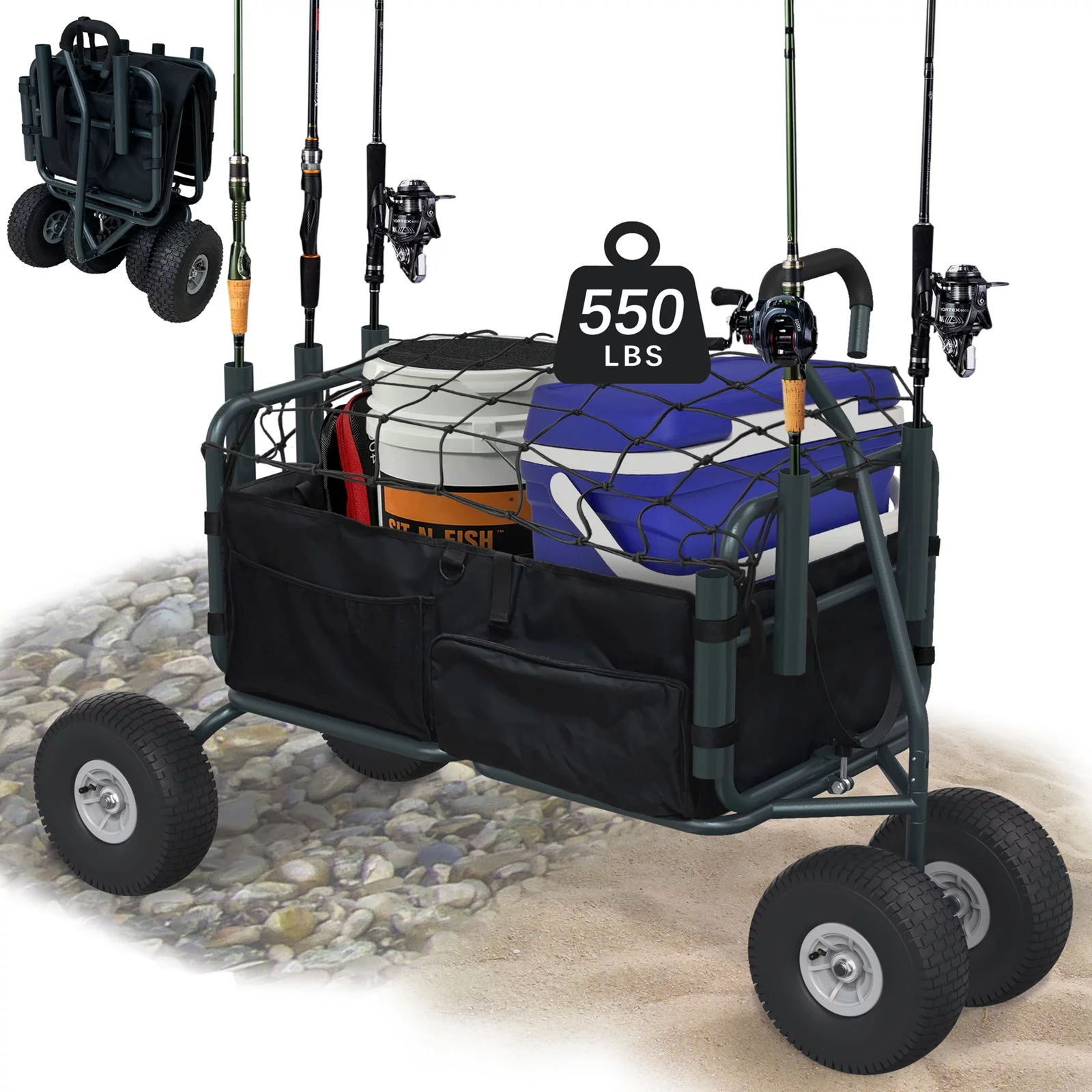 GDLF Fishing Cart  Heavy Duty Foldable Collapsible Wagon  Rod Holders 550 Pound Capacity 53.9"x26.4"x38.8"