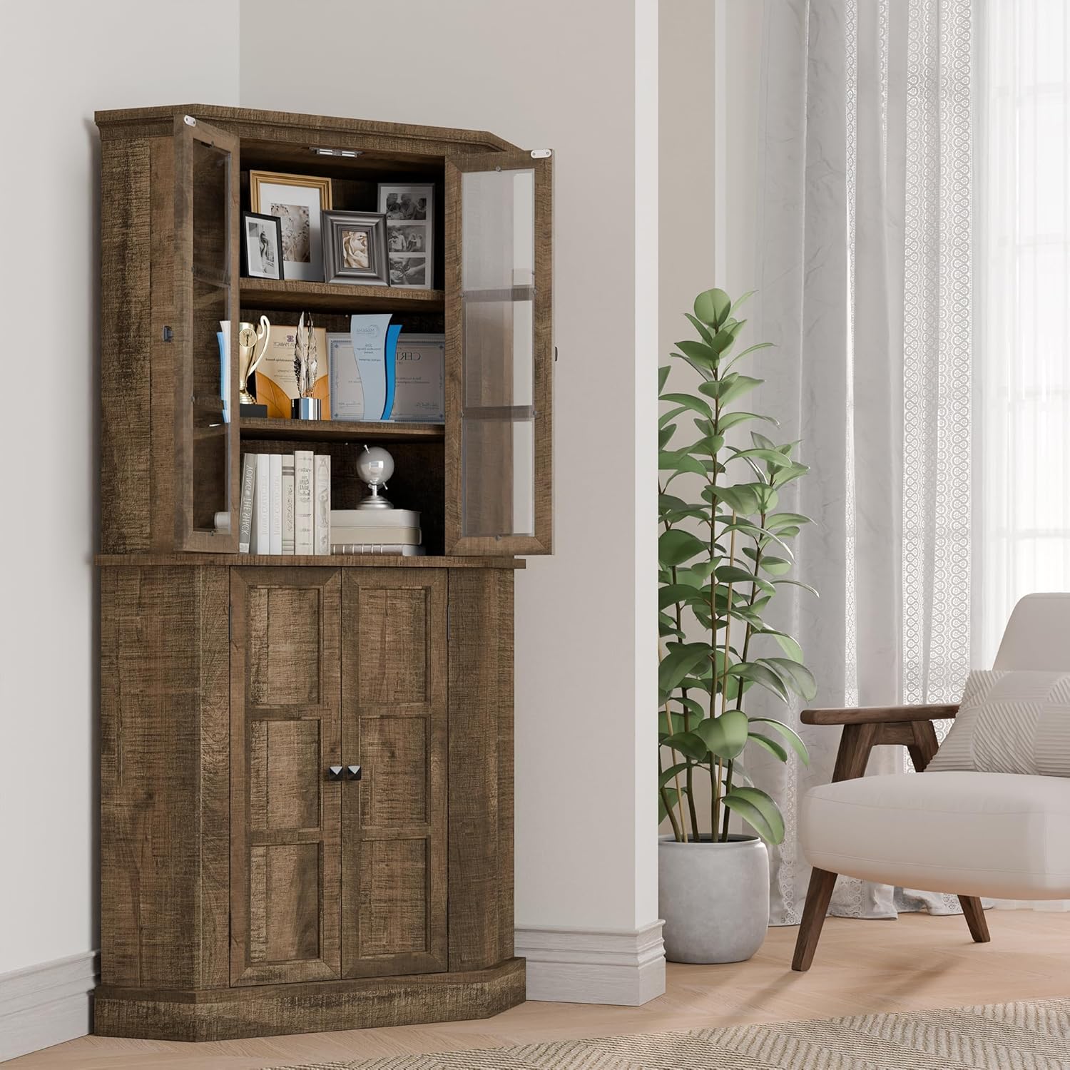 Corner Storage Cabinet, 67" Kitchen Corner Pantry Cabinet with Glass Doors, Farmhouse Tall Corner Curio Display Cabinet with Adjustable Shelves for Dining Room, Living Room, Rustic Brown