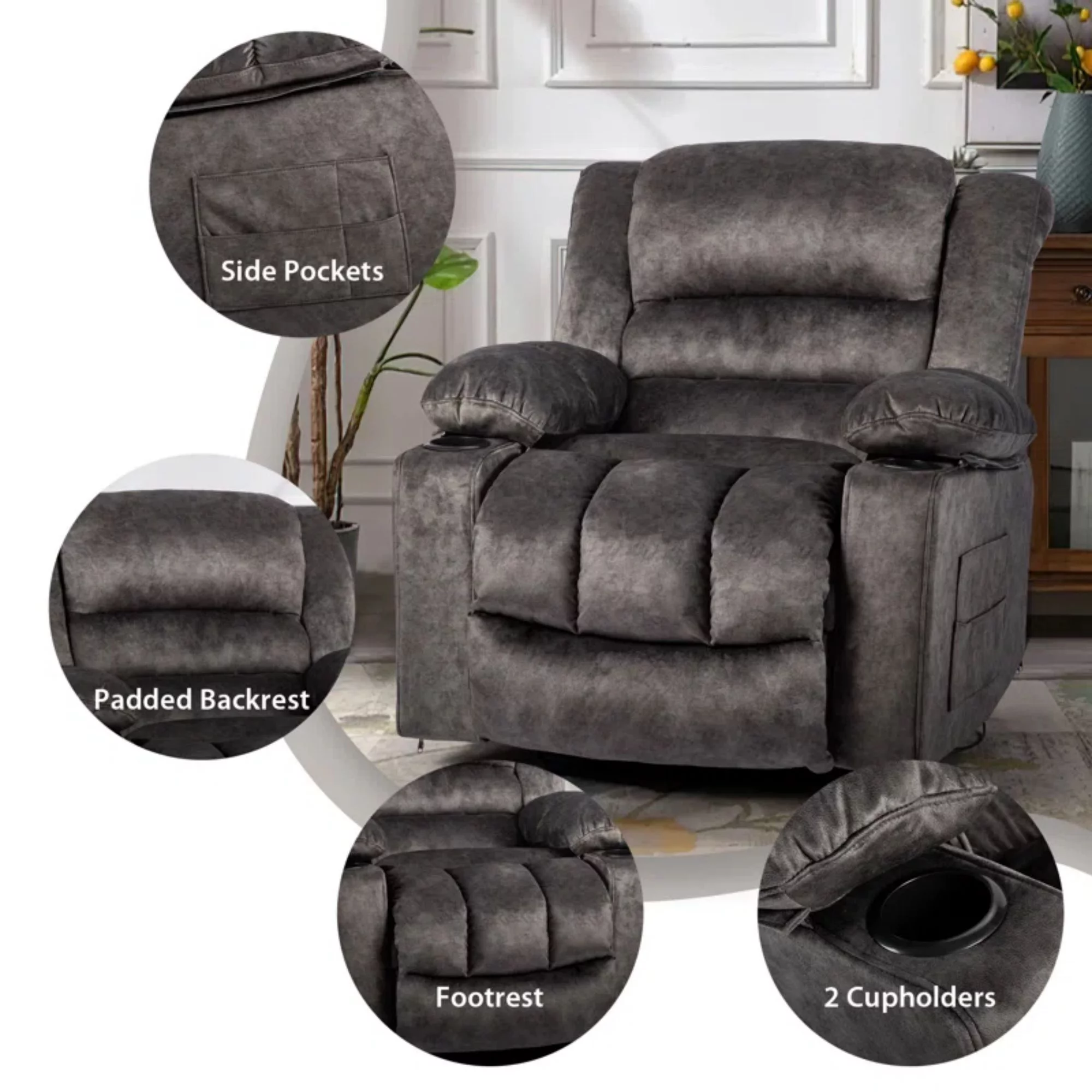 Colerline 36.61" Wide Super Soft and Oversize Modern Designed Velvet Upholstered Heating & Massage Swivel Reclining Chair with Cupholders for Living Room, Bedroom, Gray