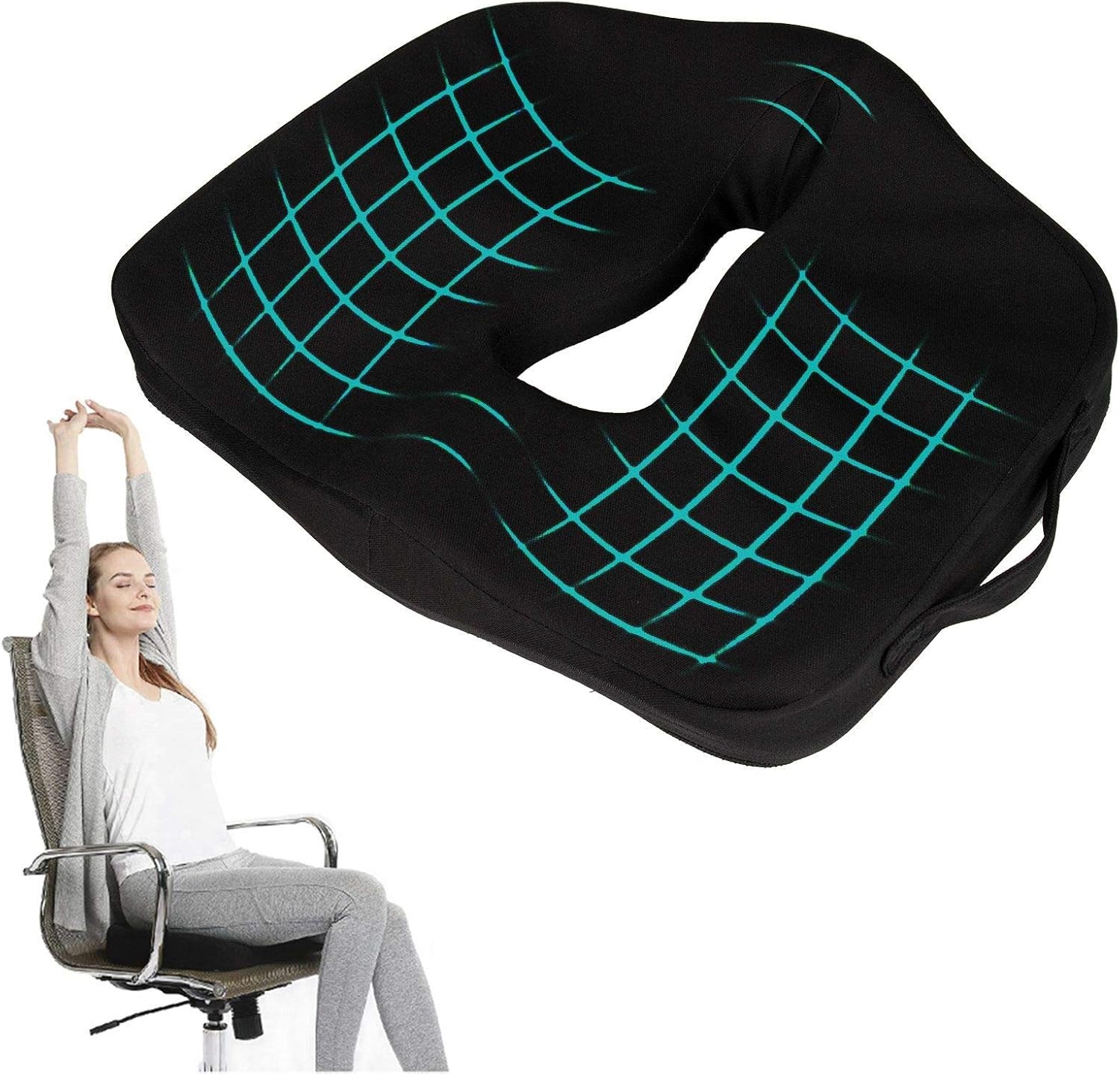 Office Chair Seat Cushion Comfortable Memory Foam Desk Chair Cushion Car Coccyx Seat Cushion Wheelchair Memory Foam Pillow with Anti-Slip Bottom Relieves Back, Hip, Tailbone, Sciatica Pain, Black