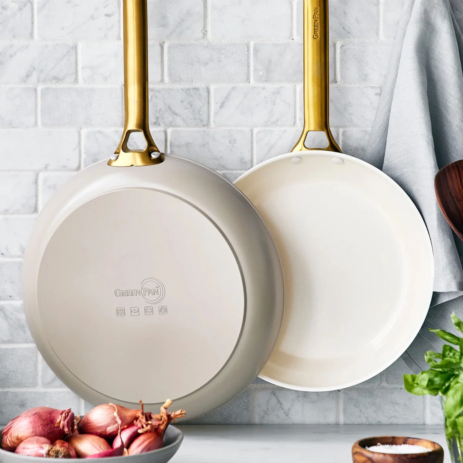 GreenPan Reserve Ceramic Nonstick 8", 10" and 12" Frypan Set | Taupe with Gold-Tone Handles