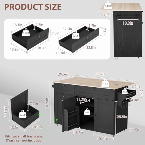 Rolling Kitchen Island on Wheels, Kitchen Islands Cart with Trash Can Storage Cabinet, Portable Island Table with Power Outlet, Drop Leaf, Spice Rack, and Drawers, Black