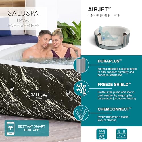 Bestway SaluSpa Hawaii EnergySense Smart Luxe AirJet Inflatable Hot Tub Spa (71" x 71" x 26") | Features LED Lights and App-Control | Fits Up to 4-6 Persons