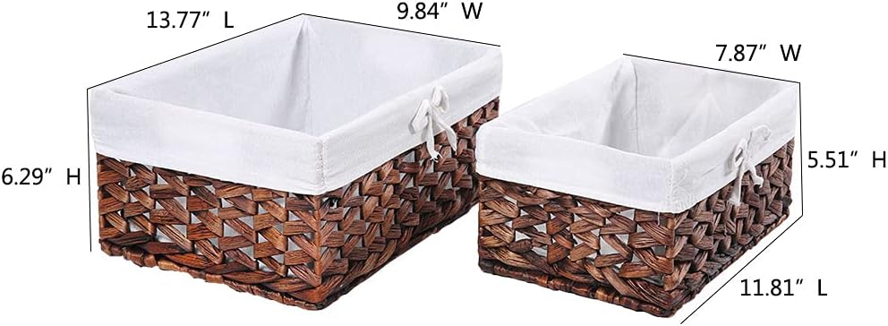 HDKJ Woven Storage Baskets with Liner, Water Hyacinth Rectangular Decorative Bins for Parlor Bedroom Bathroom Laundryroom Shelves Organizing. (QZXW-Set of 2) Pack of 2