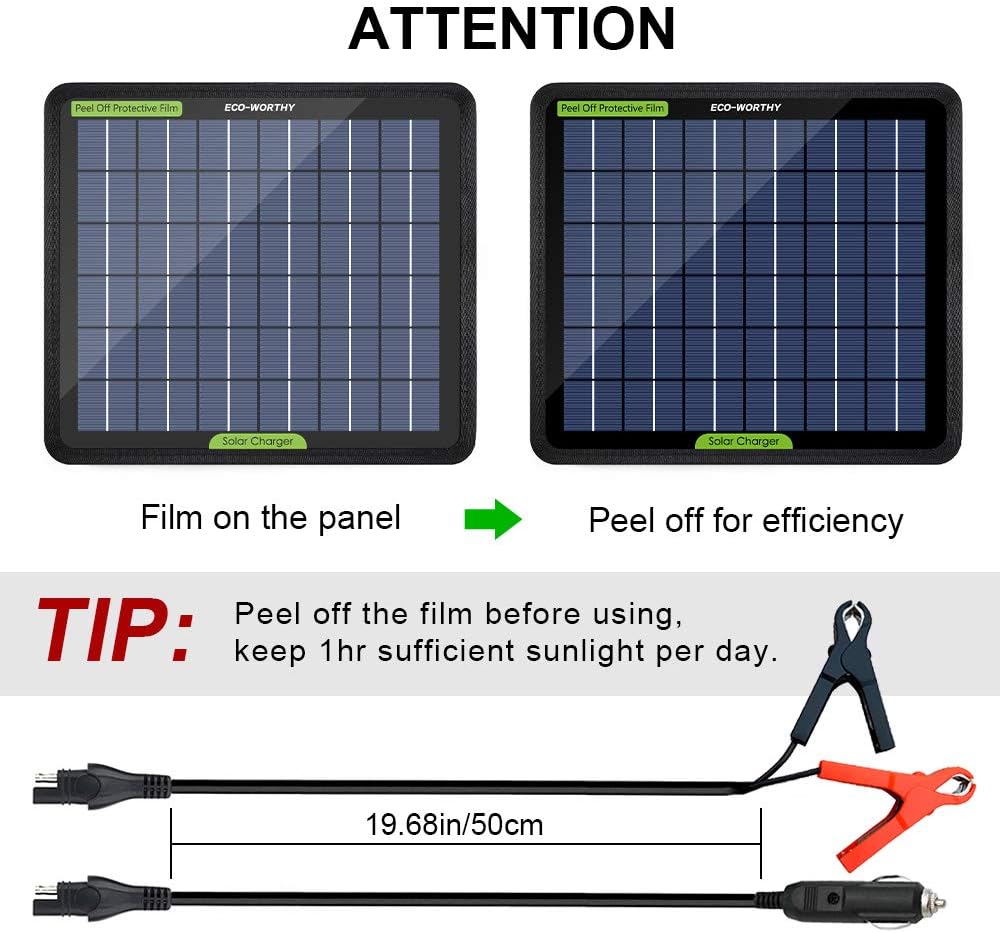 ECO-WORTHY 12 Volt 10 Watt Solar Car Battery Charger & Maintainer, Solar Panel Trickle Charger, Portable Power Backup Kit with Alligator Clip Adapter for Car, Boat, Automotive, Motorcycle, RV