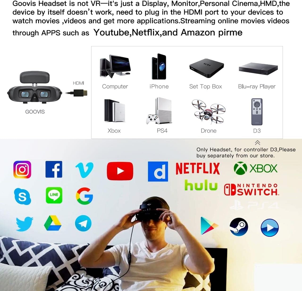 VR Headsets, GOOVIS Lite 3D Movies Virtual Reality with Dual 2K AMOLED Display, All-in-One PC VR Headset with Carrying Case and Elite Strap Comfortable Protective Head Strap Reduce Pressure in VR