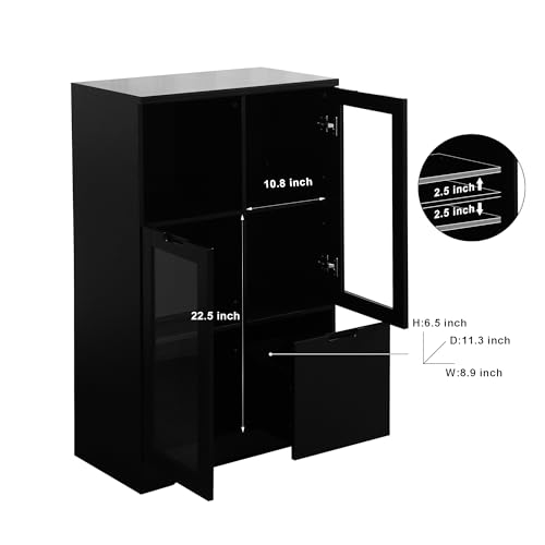 LUMISOL Wooden Floor Storage Cabinet with 2 Glass Doors and 2 Storage Space, Storage Sideboard Cabinet for Living Room Bathroom Entryway, Blue
