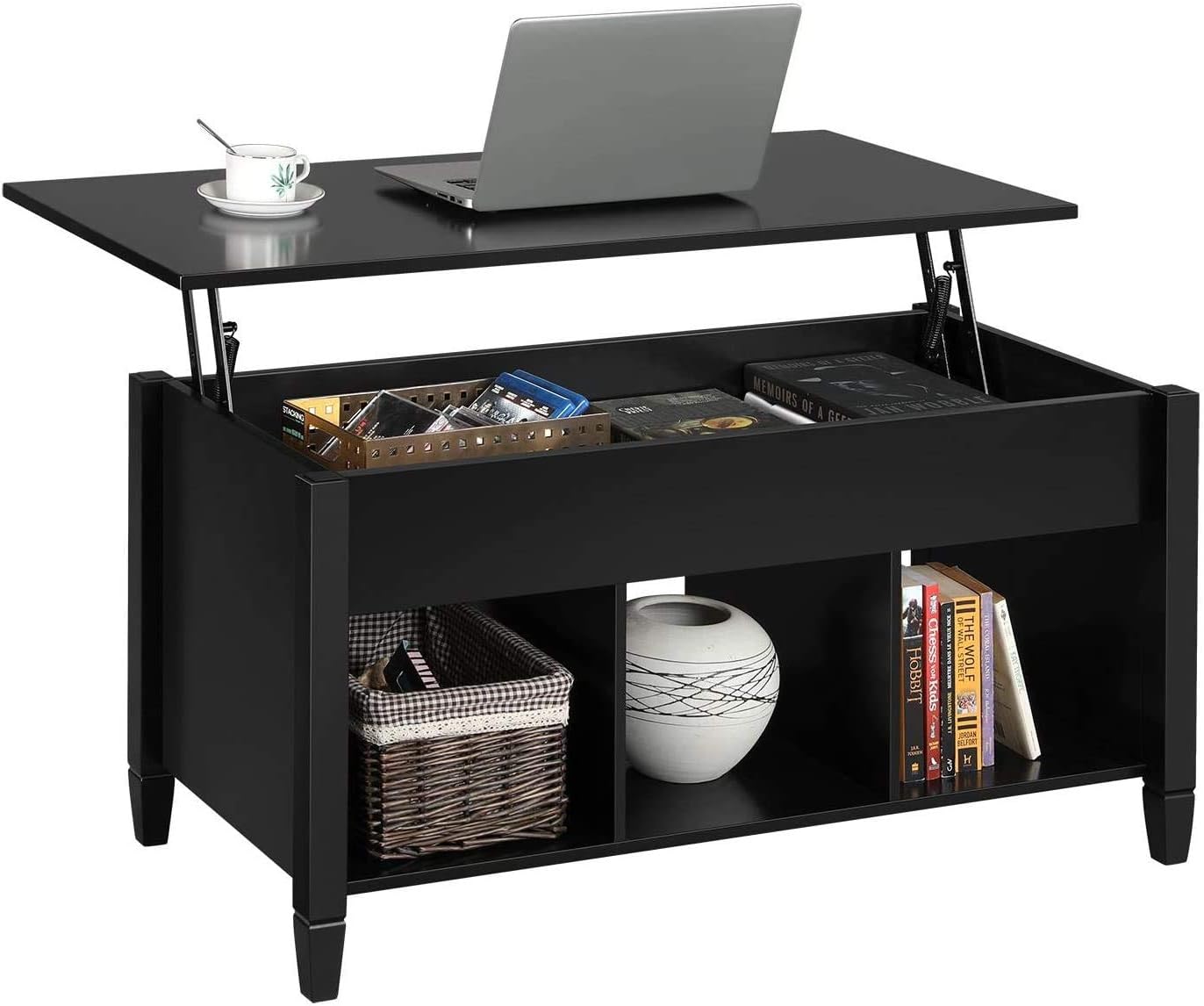 Coffee Table Lift Top Wood Home Living Room Modern Lift Top Storage Coffee Table w/Hidden Compartment Lift Tabletop Furniture, with 3 Hidden Compartment Storage Shelf (Black)