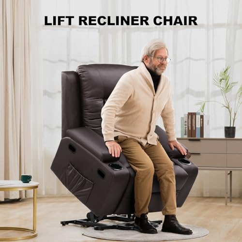COMHOMA Power Lift Recliner Chair for Elderly and Adults Electric PU Leather Recliners Electric Sofa Chair with Massage & Heat, Cup Holders, Side Pockets (Brown)