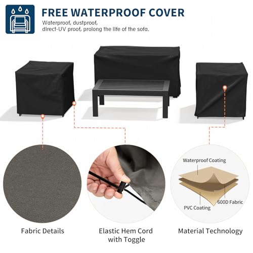 UDPATIO 8 Piece Aluminum Patio Furniture Set, Oversized Modern Outdoor Furniture Set with Olefin Fabric Cushion for Patio Deck Backyard, Dark Grey(with Waterproof Covers)
