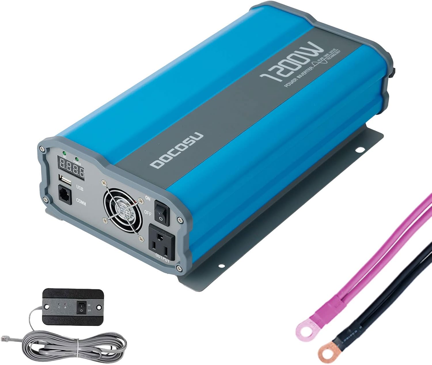 DOCOSU 1200W Power Inverter Pure Sine Wave 1200Watt Power Converter DC 12V to AC 110V Inverter Charger with LED Display 2.4A USB Port AC Outlet for Car Emergency RV Boat Vehicle Marine Auto