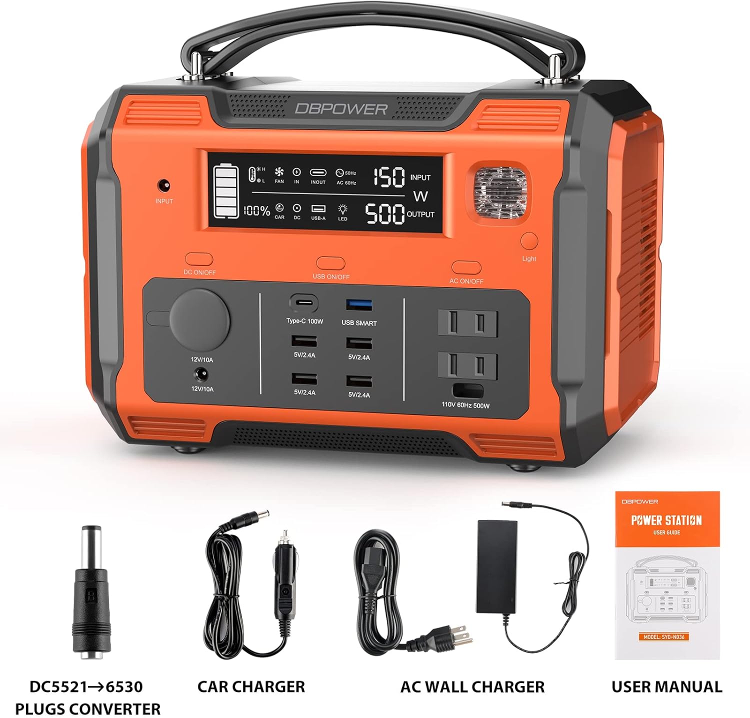 DBPOWER Portable Power Station 505Wh 500W (Peak 1000W) Outdoor Generator PD 100W Quick Charge and 2 110V Pure Sine Wave AC Outlets (Solar Panel Not Included) for Road Trip Camping Outdoor Adventure