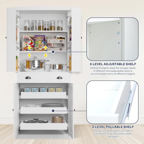HollyHOME 72" Kitchen Pantry Cabinet, Storage Cabinet with 4 Doors and 1 Drawer, Freestanding Cupboard with Adjustable Shelves and 6 Door Shelves for Kitchen, Dining Room, Living Room, White