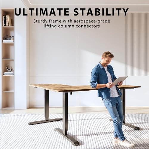 L-Shaped Electric Standing Desk, 63 x 48 Inches Height Adjustable Coner Table, Home Office Computer Workstation, Rustic Brown, 63 x 48 Inch