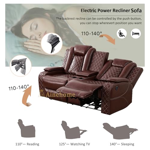 A Ainehome Leather Power Recliner Sofa Set,Leather Sofa Set Reclining Couch with Wireless Charger and Loveseat Theater Seating,Home Electric Recliner Chair with LED Light,Brown