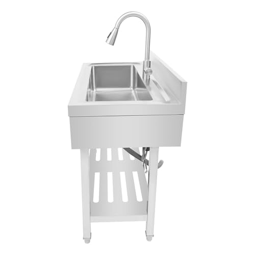 Stainless Steel Kitchen Sink 50L Freestanding Single Bowl Utility Sink with Cold and Hot Water Pipe and Pull-Out Faucet Utility Washing Hand Basin with Storage Shelf Laundry Tub for Indoor Outdoor