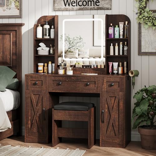 Vabches Makeup Vanity Desk, Vanity Mirror with Lights Desk and Chair,Makeup Table with 3 Large Drawers and 2 Cabinets, Time and Temperature Display, 3 LED Lighting Modes Adjustable, White