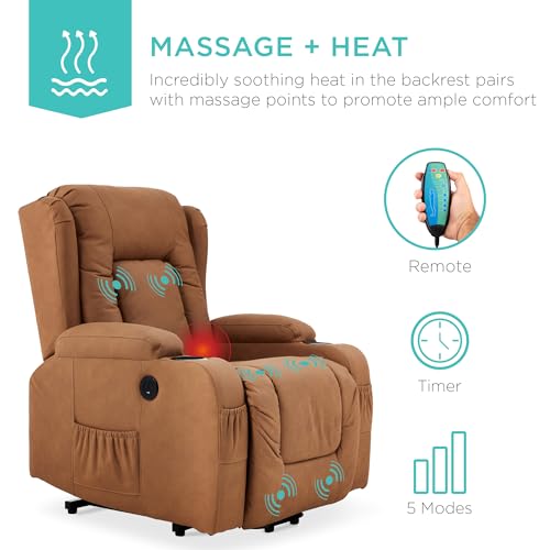 Best Choice Products PU Leather Electric Power Lift Chair, Recliner Massage Chair, Adjustable Furniture for Back, Legs w/ 3 Positions, USB Port, Heat, Cupholders, Easy-to-Reach Side Button - Brown