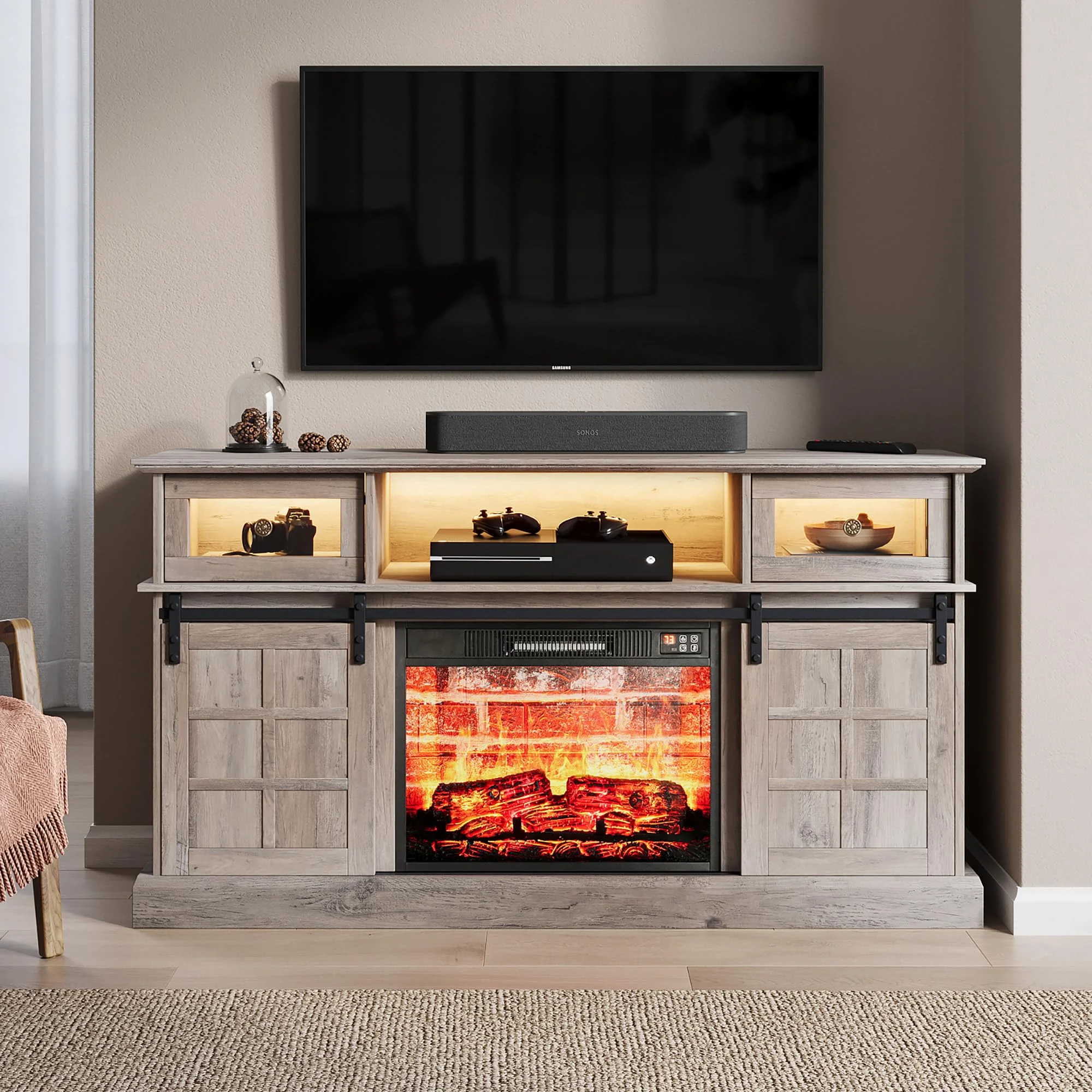 Peradix Fireplace TV Stand with 23" Electric Fireplace TV Stand for 65 Inch TV, Modern Farmhouse Entertainment Center TV Cabinet with 16 Colors RGB LED Lights Barn Door for Living Room,Bedroom,Gray