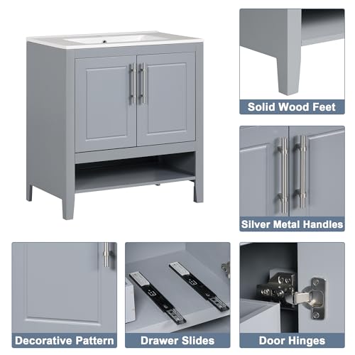 30" Bathroom Vanity with Sink,Bathroom Storage Cabinet with 2 Soft Closing Doors and Drawer,Multi-Functional Bathroom Vanities,Solid Wood Frame,Easy Assmebly(White)