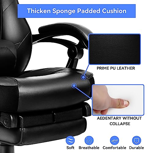 ELECWISH Computer Gaming Chair with Footrest, Ergonomic Gamer Chair for Adults, High Back Adjustable Swivel Desk Chair with Lumbar Support, PU Leather Racing Style Chair, White