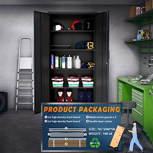 Yizosh Metal Garage Storage Cabinet with 2 Doors and 5 Adjustable Shelves - 71" Steel Lockable File Cabinet,Locking Tool Cabinets for Office,Home,Garage,Gym,School (Gray White)