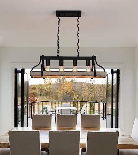 Rustic Kitchen Island Dining Room Light Fixture Farmhouse Linear Chandelier Black and Retro Wood Finish 4-Light Industrial Metal Hanging Pendant Light UL Listed L28.3 W10.6