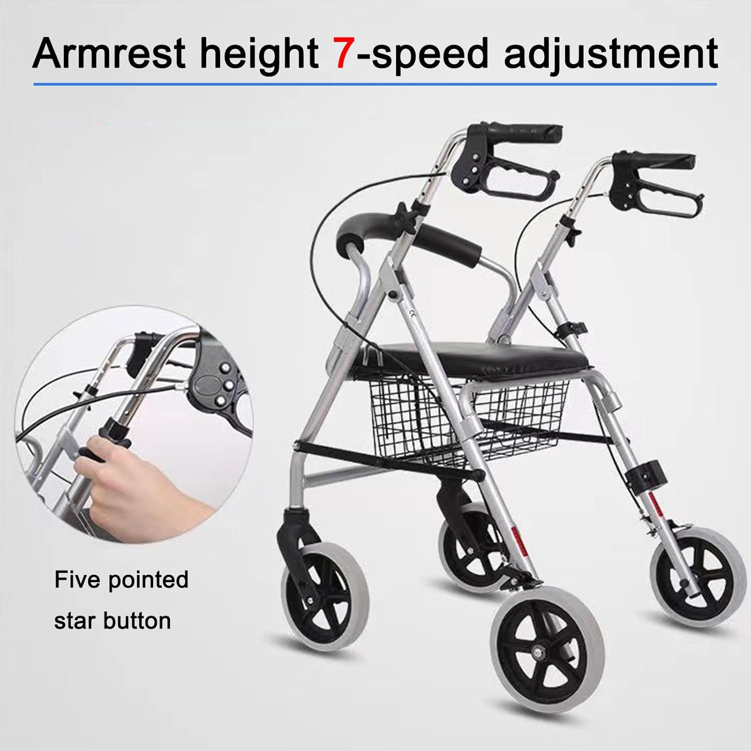 Portable Walkers for Seniors Aluminum Rollator Walker with Seat Four-Wheel Folding Walker Shopping Trolley Elderly Walker Handcart Walker with Large Capacity Storage Basket Black
