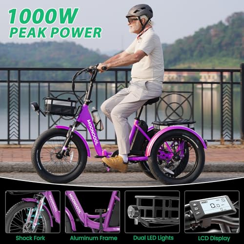 MOONCOOL Electric Tricycle Trike for Adults 350W 36V Removable Battery 24/26 Inches 7 Speeds 3 Wheels Electric Bikes Bicycle for Adults, Three Wheel Electric Cruiser Tricycle