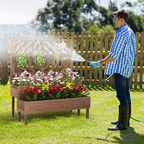Giantex Raised Garden Bed with Trellis, 2-Tier Wooden Planter Box with Legs and Drain Holes, Garden Trellis for Vine Fruit Vegetable Flower Herb, Outdoor Elevated Garden Bed (Brown)