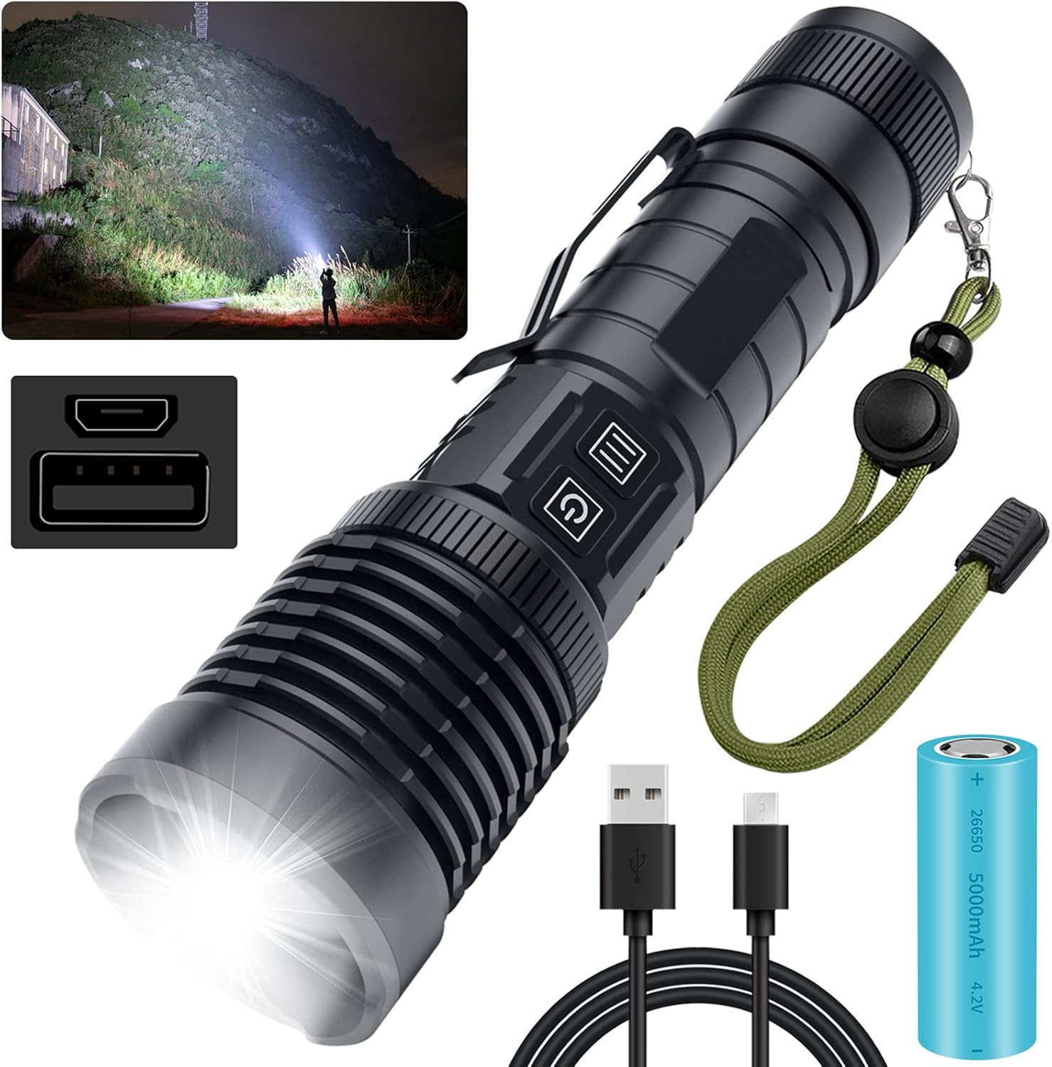 Rechargeable LED Flashlights, 100000 High Lumens Super Bright Tactical Flashlights 20W Powerful Handheld Flashlights with Battery Included, 5 Light Modes, Waterproof for Camping Emergency