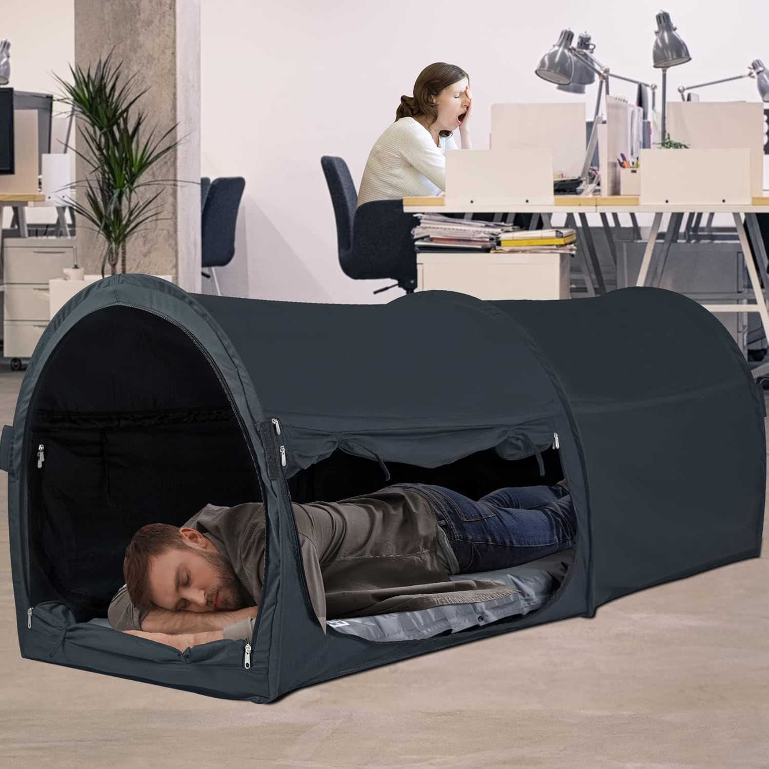 EighteenTek Bed Canopy Office Bed Tents Dream Tents Privacy Space Office Sleeping Tents Indoor Pop Up Portable One Person Lay Down NOT Sitting Frame Curtains Breathable Grey Cottage 75”x28”x31”H