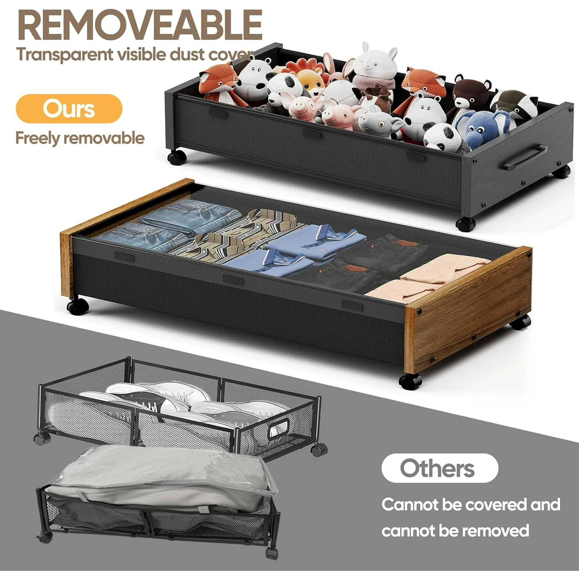 Wooden Under Bed Storage with Wheels, 80L Extra-large Rolling Under the Bed Storage Bins 2 Pack with Removable Lid, Upgrade Metal Under Bed Drawers for Clothes Shoes Blankets in Bedroom