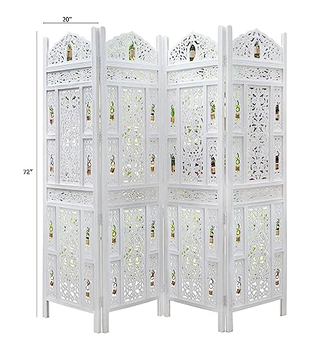 Room Divider Wood Screen - Ghanti Bells Antique Brown - 4 Panel Folding 72 x 80 - Assembled Hand Carved Decorative Functional Versatile Portable Partition Reversible Privacy Boho - COTTON CRAFT