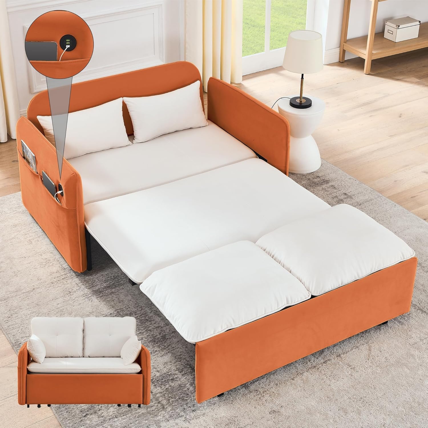 CALABASH 53" Loveseat Sleeper Sofa Bed, 3-in-1 Convertible Pull Out Bed, Velvet Sleeper Bed with USB Ports and Side Pockets, Small 2 Seater Sofa Bed for Apartment Small Spaces