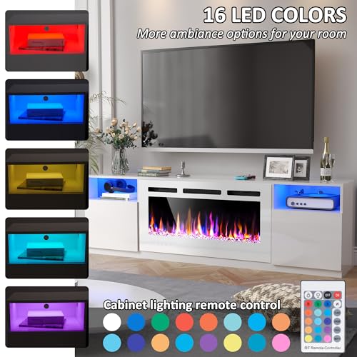 AHB 70" Fireplace TV Stand for TVs Up to 80" with 36" Electric Fireplace, TV Console for The Living Room, LED Light Entertainment Center, Storage Cabinet, Media Console Table, Black & White