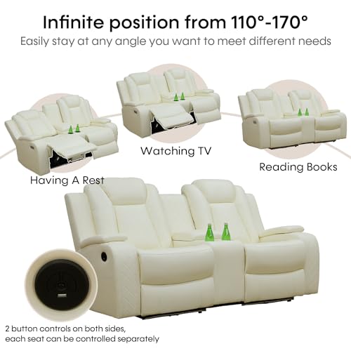 Leather Recliner Sofa Set with LED Lights,Power Reclining Sofa with USB Port/Wireless Charger/Storage Console/Cup Holder for Living Room/House/Home Theater(3 Piece Set,Black)