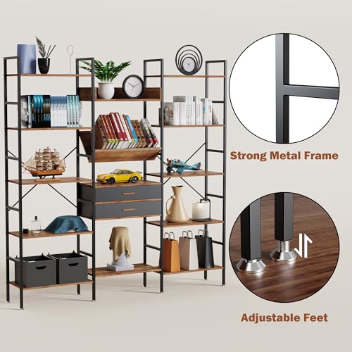 5 Tier Bookshelf with Shelves Triple Wide Bookcase with 14 Open Display Shelves Industrial Book Shelf Book Case Modern Tall Bookcases Furniture for Bedroom, Home, Office, Living Room
