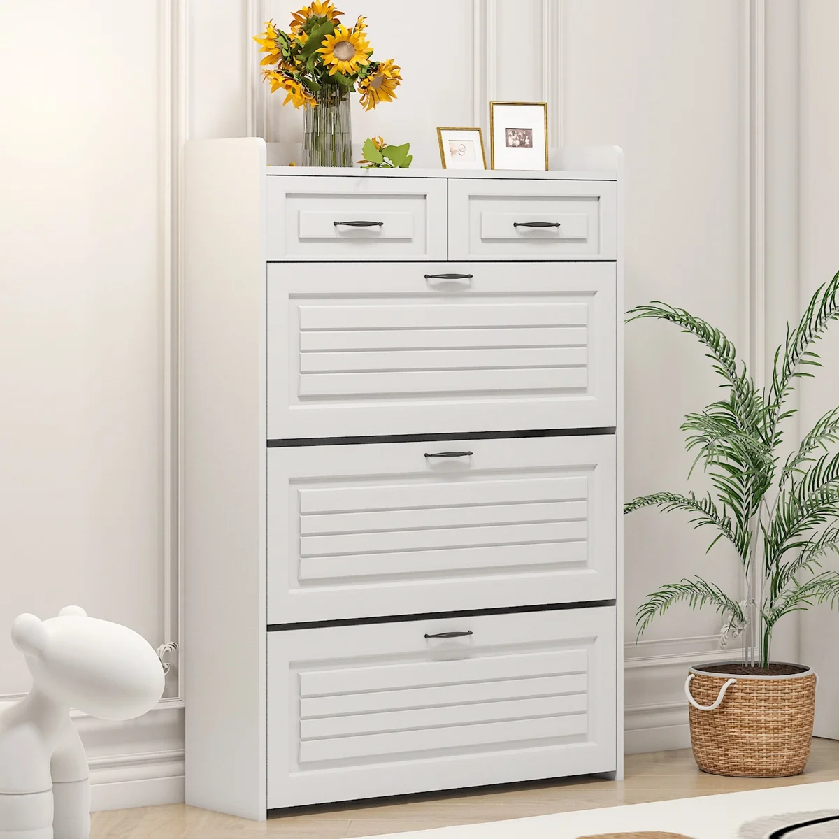 Yone jx je Shoe Cabinet for Entryway, White Narrow Shoe Storage Organizer with 3 Doors 2 Drawers,Flip Down Shoe Rack Wood 4 Tier Shoe Storage Cabinet for Hallway, Living Room,Home and Apartment