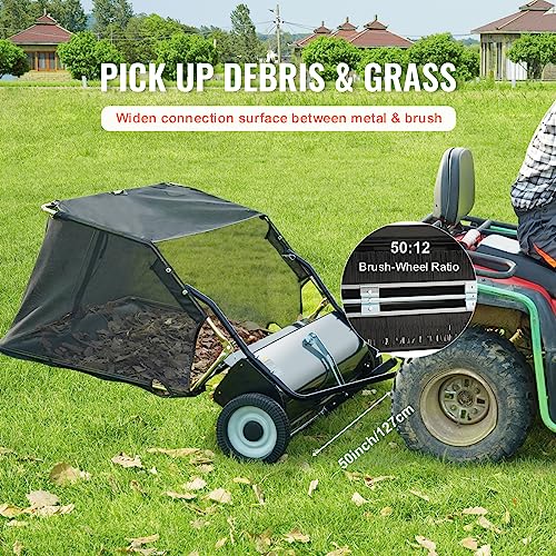 VEVOR Tow Behind Lawn Sweeper 44 Inch, 25 cu. ft Large Capacity Heavy Duty Leaf & Grass Collector with Adjustable Sweeping Height, Dumping Rope Design for Picking Up Debris and Grass