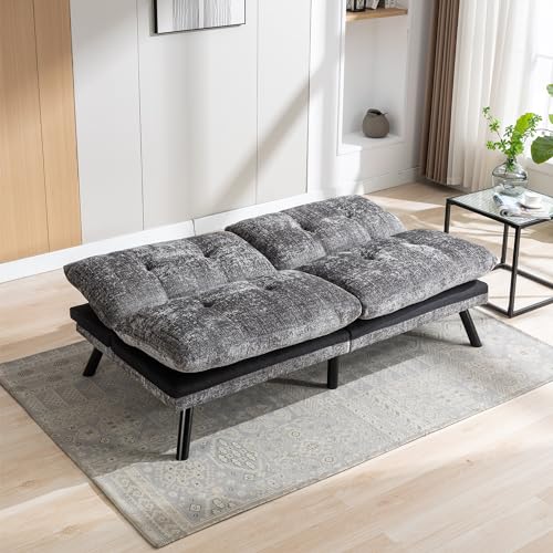 Convertible Futon Sofa Bed, Modern Folding Sleeper Loveseat, Polyester Fabric Memory Foam Adjustable Lounge Couch for Compact Living Space, Dark Gray