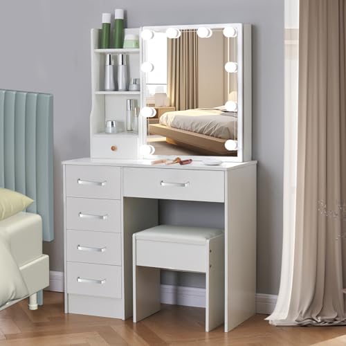 Makeup Vanity Desk with Lights and Mirror Table Set, Small Makeup Vanity with Drawers, Hollywood Lighted Mirror, White Vanity with Storage Shelves, Makeup Vanity Table Bedroom